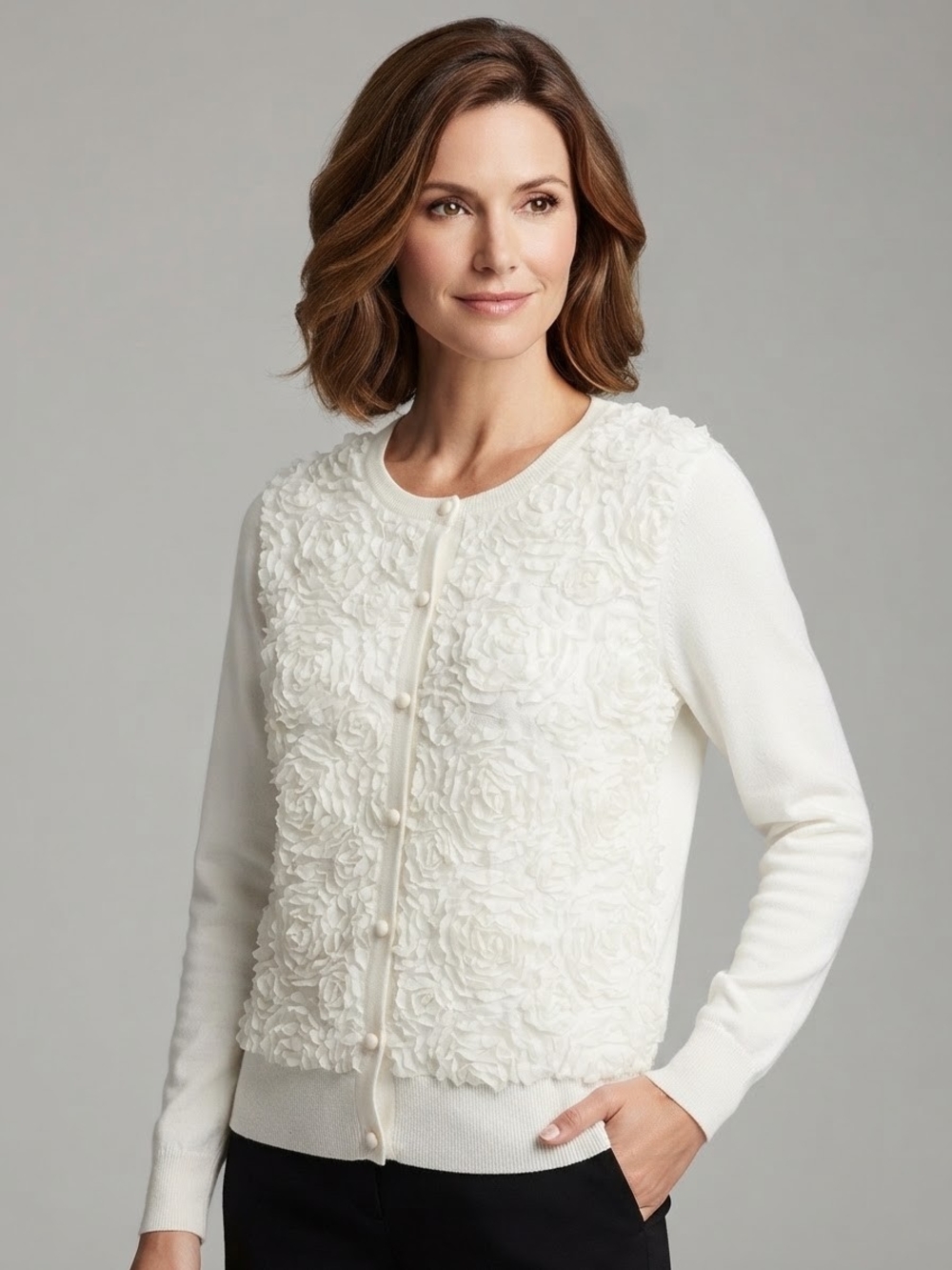 Covington Floral Applique Button-Down Cardigan Sweater  Size L